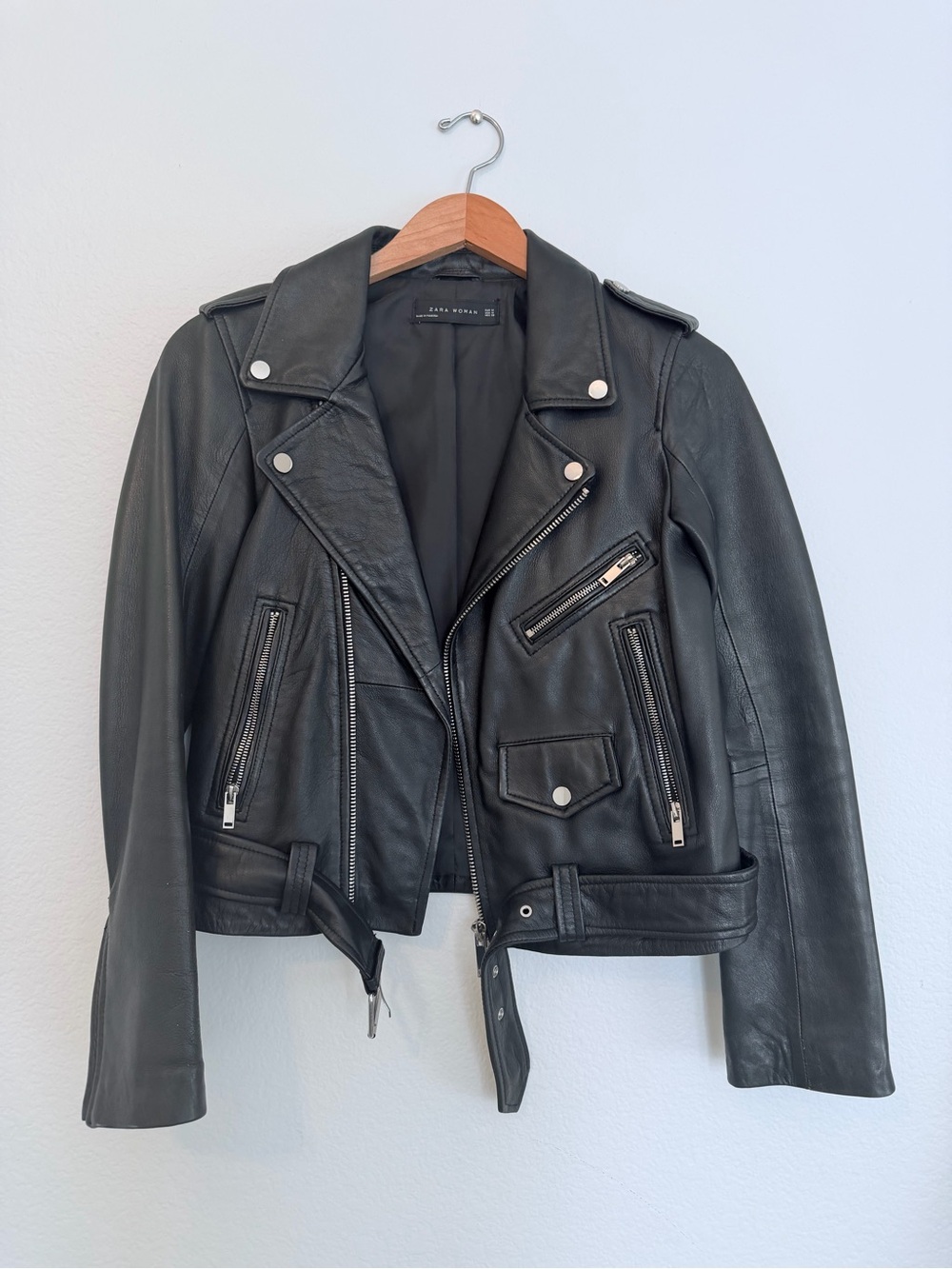 Zara Black 100% Genuine Leather Moto Jacket Size M